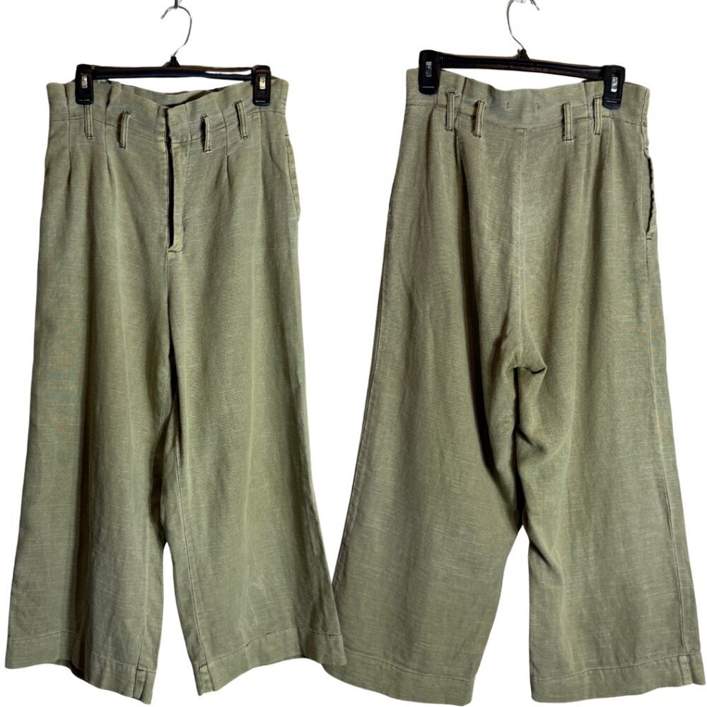 Rag Poets Linen Paperbag High Rise Wide Leg Ankle Pants Women's 28 Green Boho